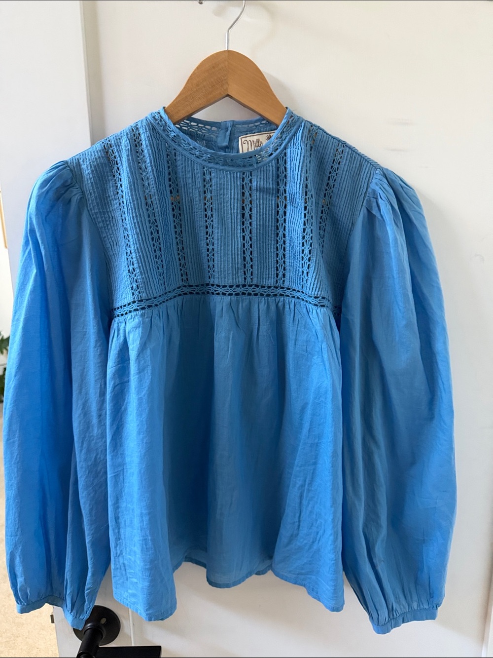 Mille Sky Blue Lace Yoke Puff-Sleeve Blouse - Women Tops